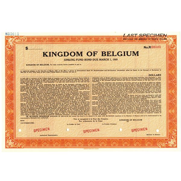 Kingdom of Belgium, 1949 Specimen Sinking Fund Bond.