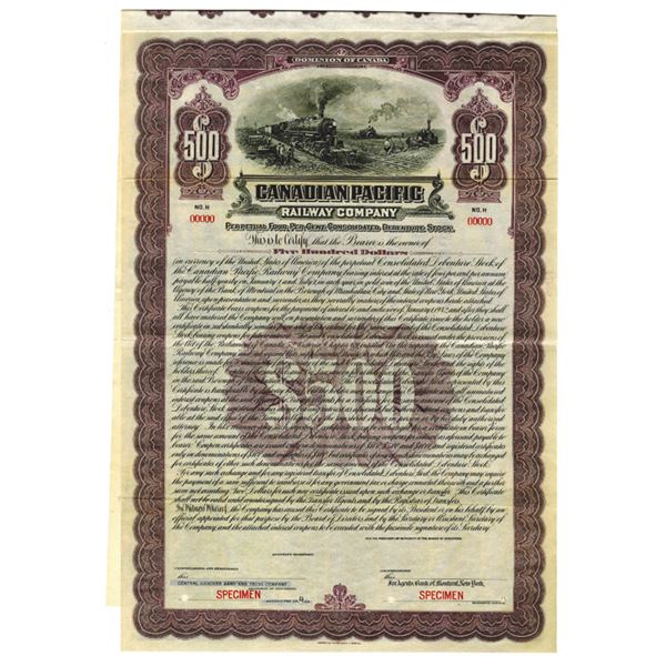 Canadian Pacific Railway Co., 1922 Specimen Bond