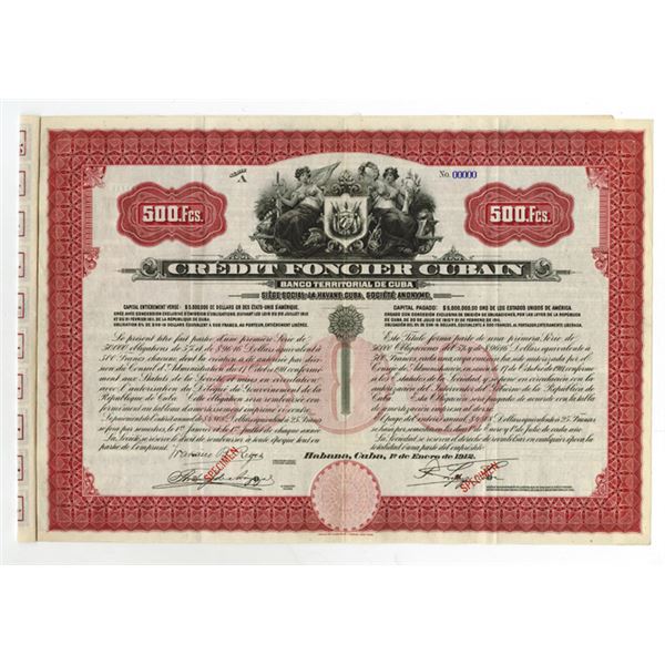 Credit Foncier Cubain, Banco Territorial de Cuba 1912 Specimen Bond.