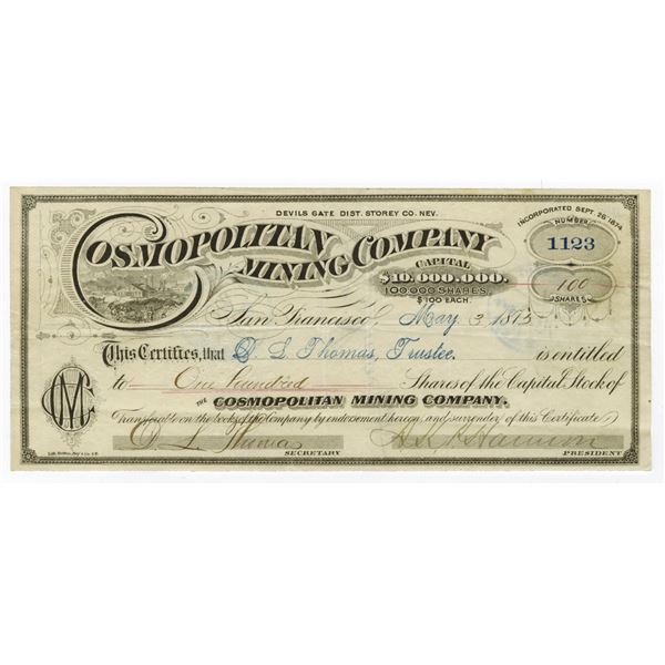 Cosmopolitan Mining Co., 1875 I/U stock Certificate.