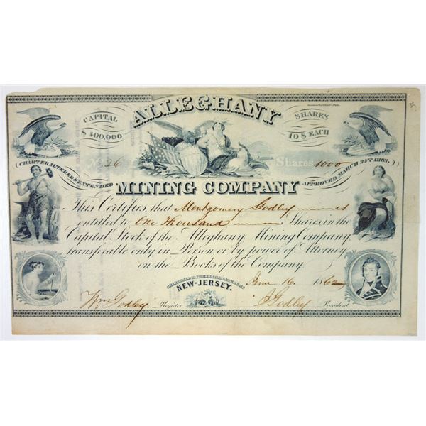 Alleghany Mining Co., 1862 I/U Stock Certificate.