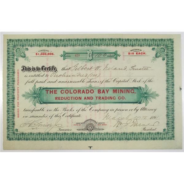 Colorado Bay Mining, Reduction and Trading Co. 1891 Stock Certificate