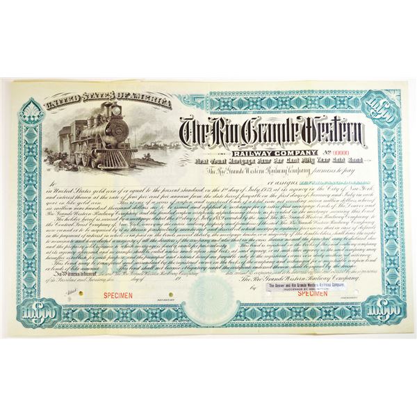 Rio Grande Western Railway Co., 1889, 1st Trust Mortgage  4% 50 Year Gold Registered Bond Specimen