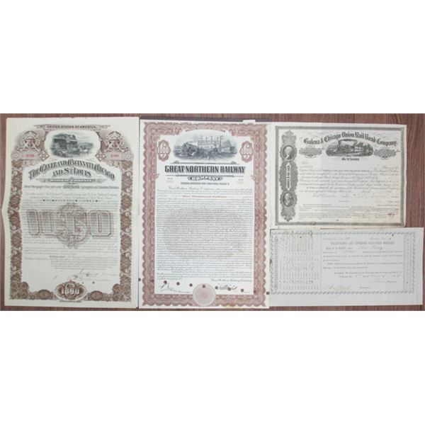 Midwest Group of 5 Railroad Stocks and Bonds, ca.1850 to 1924.