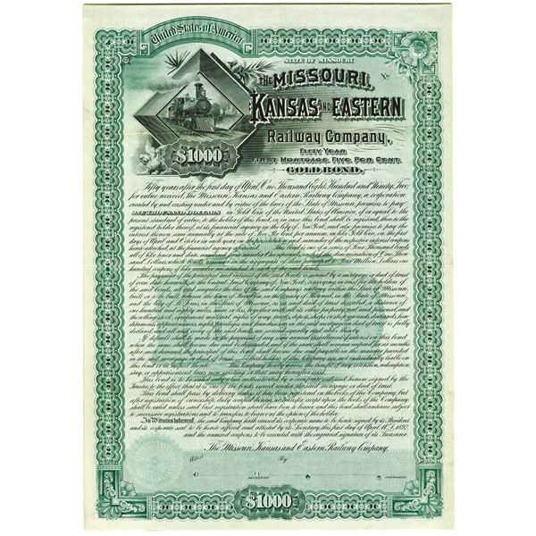 Missouri, Kansas and Eastern Railway Co. 1897 Specimen Bond Rarity