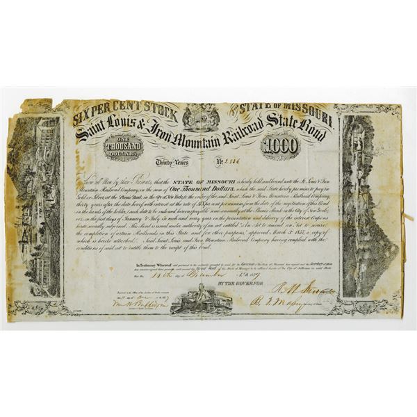 Saint Louis & Iron Mountain Railroad Co. 1857 I/C State Bond