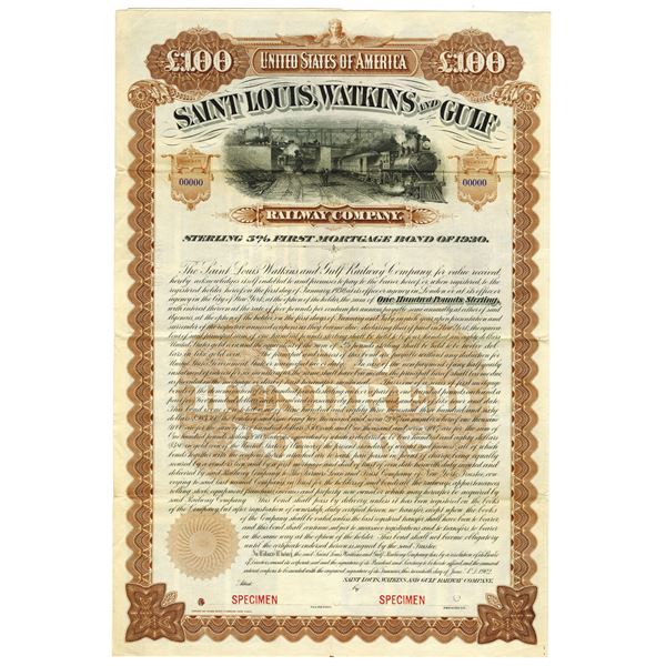 Saint Louis, Watkins and Gulf Railway Co., 1902 Specimen Bond.