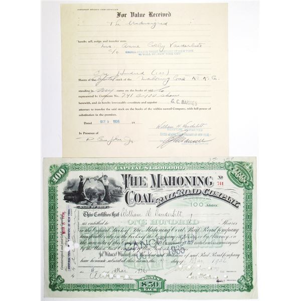 Mahoning Coal Rail Road Co. 1926 Stock Certificate Issued to William H. Vanderbilt, Signature Includ