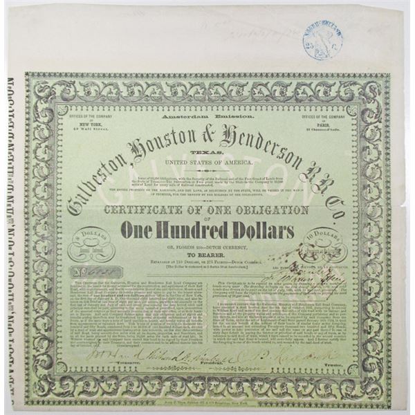 Galveston, Houston & Henderson Railroad Company, Amsterdam Emission, 1857 I/U Bond