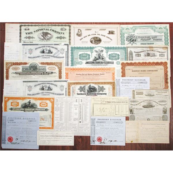 Group of Railroad Stock Certificates, Bonds, and Ephemera