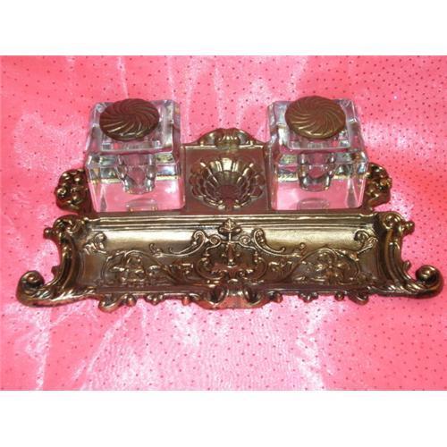 Antique Vintage Double Glass Brass Inkwell Set #1803186