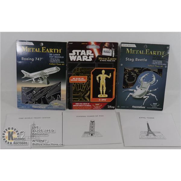 SET OF 3 METAL EARTH 3D LASER CUT MODEL KITS STAR WARS, BEETLE, BOEING 747 W/3 OTHERS LASER CUT MODE