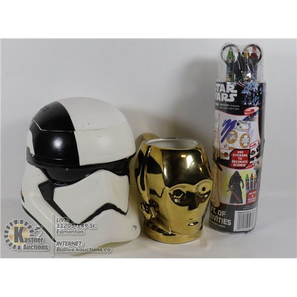 BOX OF STAR WARS ITEMS C3PO CERAMIC MUG, STORM TROOPER PLASTIC COOKIE JAR, ACTIVITIES BIN
