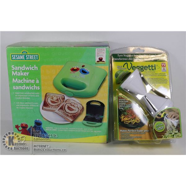 SESAME STREET SANDWICH MAKER (UNUSED) W/SEALED AS SEEN ON TV VEGGETTI SPIRAL VEGETABLE CUTTER
