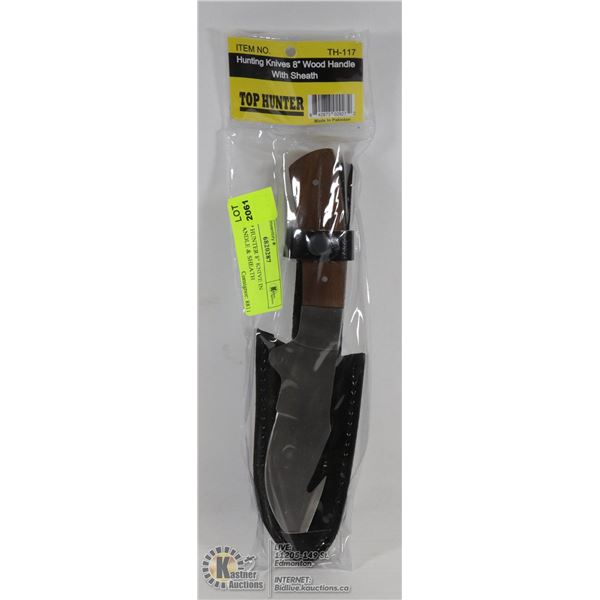 NEW TOP HUNTER 8" KNIVE IN WOOD HANDLE & SHEATH