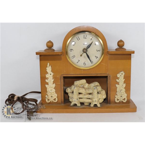 VINTAGE 1950'S UNITED CLOCK CORP FIREPLACE PLUG IN WOODEN MANTLE CLOCK #419 "TESTED"