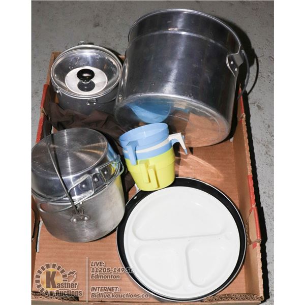 CAMPING COOKWARE - FRYPAN, 3 POTS, CUPS AND PLATES