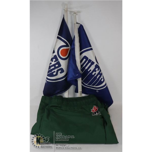 LOT OF 2 EDMONTON OILER CAR WINDOW FLAGS & ESKIMO TRACK PANTS SZ L