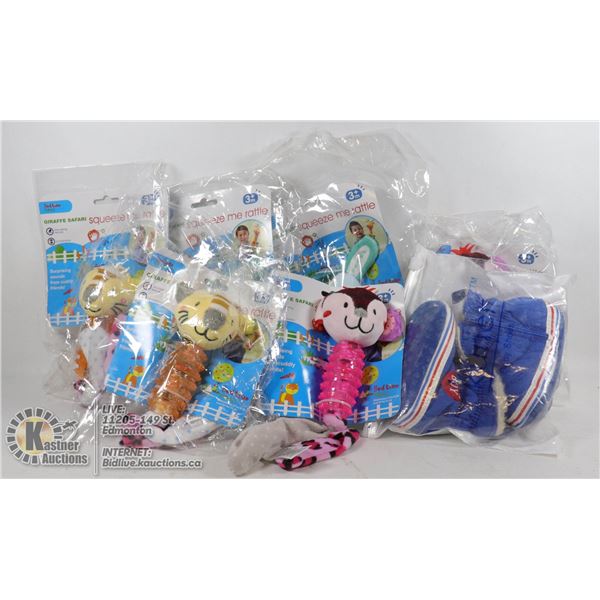 FLAT OF GIRAFFE SAFARI SQUEEZE ME RATTLES WITH PAIR OF 6 MONTH BOY SHOES