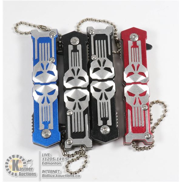 4 NEW MINI SKULL KNIVES - 2 BLACK, 1 RED, 1 BLUE