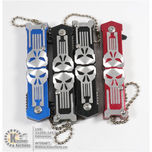 4 NEW MINI SKULL KNIVES - 2 BLACK, 1 RED, 1 BLUE