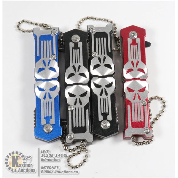 4 NEW MINI SKULL KNIVES - 2 BLACK, 1 RED, 1 BLUE