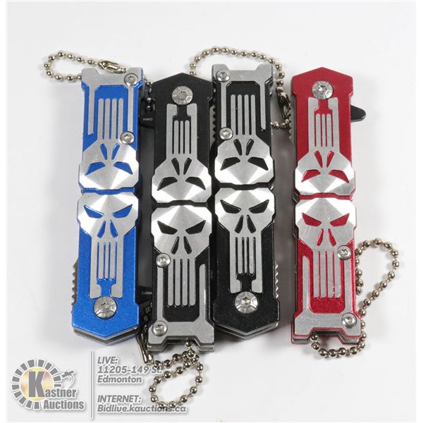 4 NEW MINI SKULL KNIVES - 2 BLACK, 1 RED, 1 BLUE