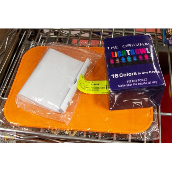 TOILET BOWL NIGHTLIGHT MULTI COLOURED, SILICONE POT HOLDER ORANGE, TABLET/PHONE HOLDER
