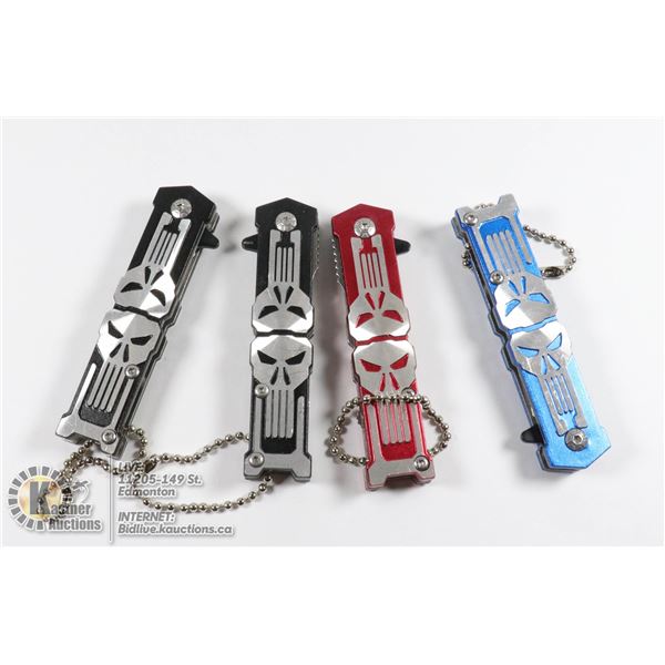 LOT OF 4 MINI SKULL KNIVES 2 BLACK, 1 RED, 1 BLUE