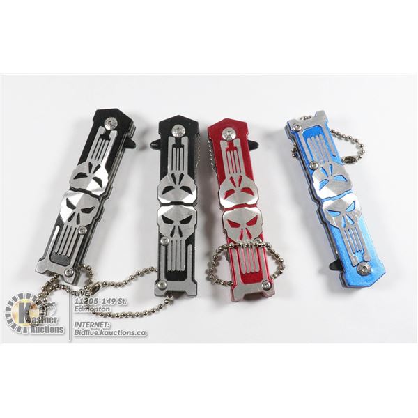 LOT OF 4 MINI SKULL KNIVES 2 BLACK, 1 RED, 1 BLUE