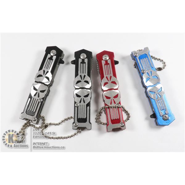 LOT OF 4 MINI SKULL KNIVES 2 BLACK, 1 RED, 1 BLUE