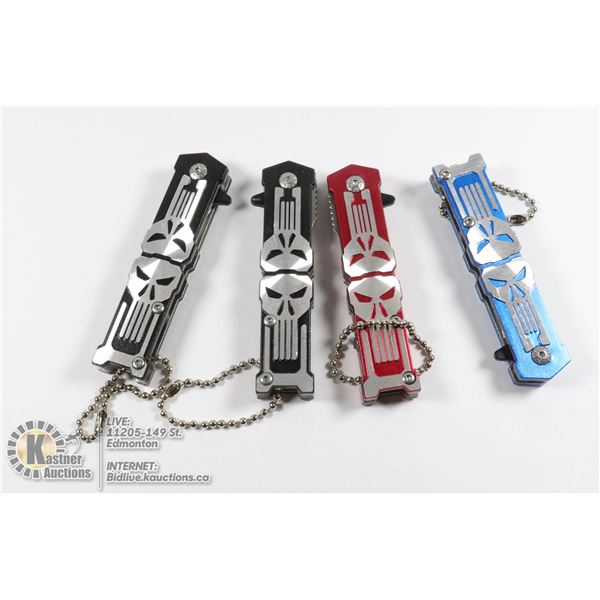 LOT OF 4 MINI SKULL KNIVES 2 BLACK, 1 RED, 1 BLUE