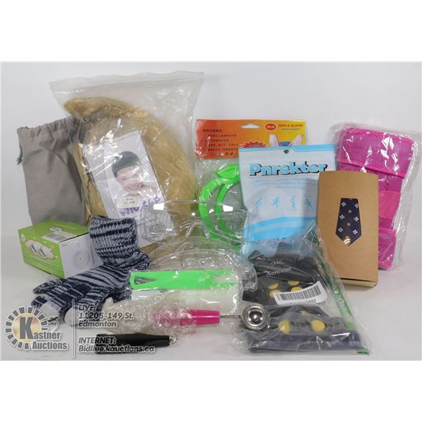 FLAT OF MISC. ITEMS INCLUDE TIE, GLOVES, AND MORE