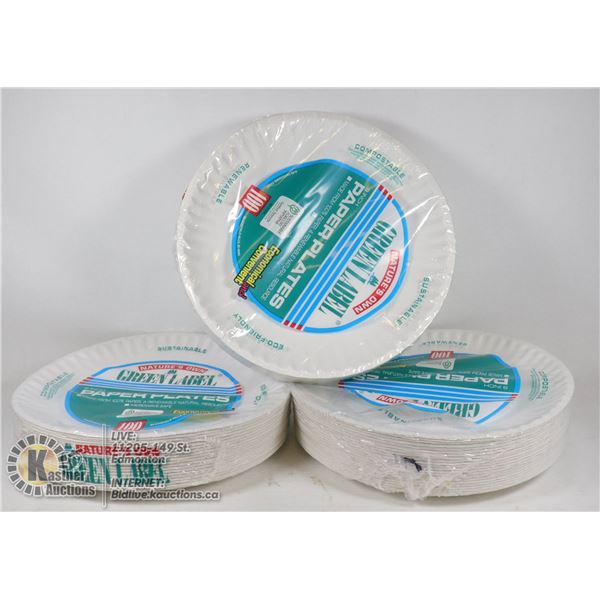 LOT OF 300 GREEN LABEL 9 INCH PAPER PLATES COMPOSTABLE
