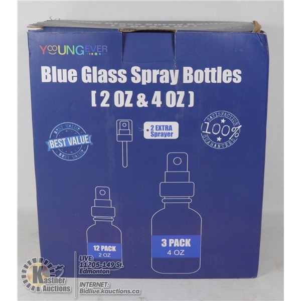 BLUE GLASS SPRAY BOTTLES 12 X 2OZ, 3 X 4OZ