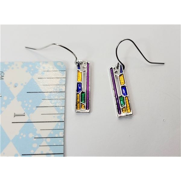11)  TIBETAN SILVER AND MULTI COLORED ENAMEL DROP EARRINGS.