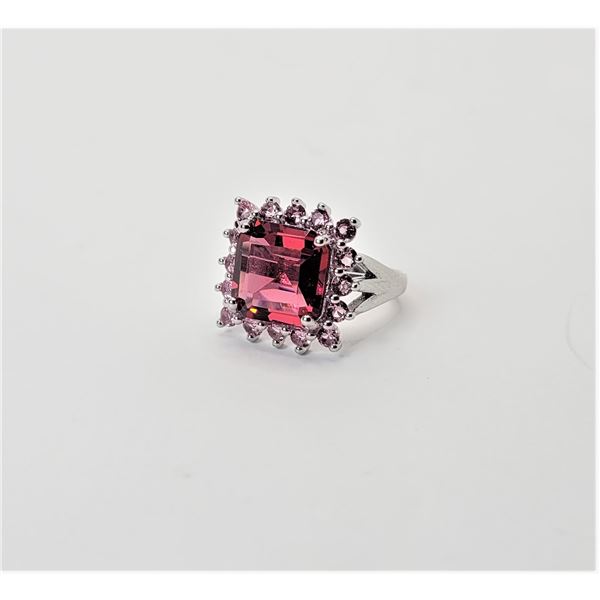 5)  LAB CREATED PINK TOURMALINE SQUARE CUT RING STAMPED 925 SILVER,  SIZE 6.