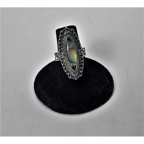 3)  SILVER TONE NATURAL ABALONE STATEMENT RING WITH CARVED SETTING AND BAND,  SIZE 8.