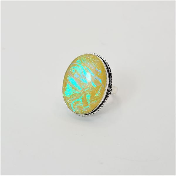 16)  AUSTRALIAN TRIPLATE YELLOW FIRE OPAL RING SET IN 925 STAMPED SILVER,  SIZE 9.