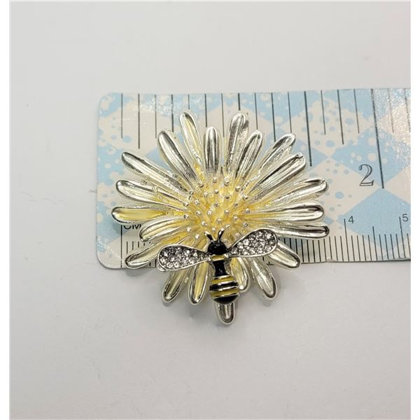 1)  SILVER TONE AND YELLOW & BLACK ENAMEL AND CLEAR CRYSTAL BEE ON FLOWER BROOCH.