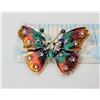 Image 1 : 17)  GOLD TONE WITH MULTI COLORED ENAMEL AND CLEAR & BLACK CRYSTAL BUTTERFLY BROOCH.