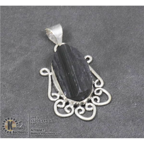 #25-BLACK TOURMALINE PENDANT (RAW) JEWELRY/ SILVER PLATED/ HEALING MINERAL
