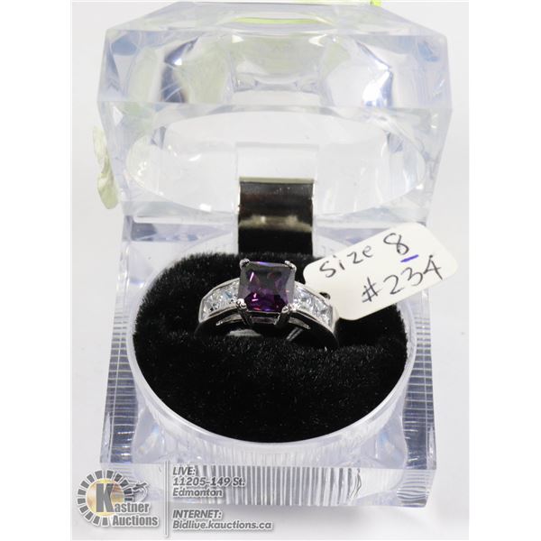 NEW 925 STERLING SILVER LADIES RING SIZE 8, ZIRCONIA PURPLE STONE, WITH CUBIC ZIRCONIA ON EACH SIDE,