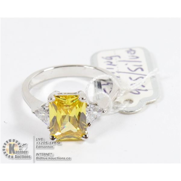 NEW 925 STERLING SILVER LADIES RING SIZE 7,YELLOW ZIRCONIA STONE, AND ZIRCONIA DIAMONDS ON SIDES, IN
