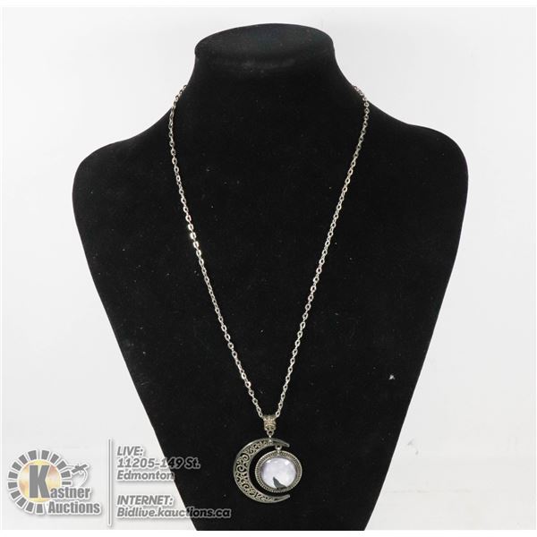 SILVER HOWLIN WOLF ON CRESCENT MOON NECKLACE IN CASE - NONE