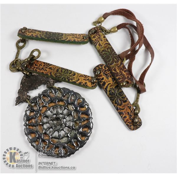 STEAM PUNK LONG LEATHER BANISHED BRASS NECKLACE IN GIFT BAG- NONE