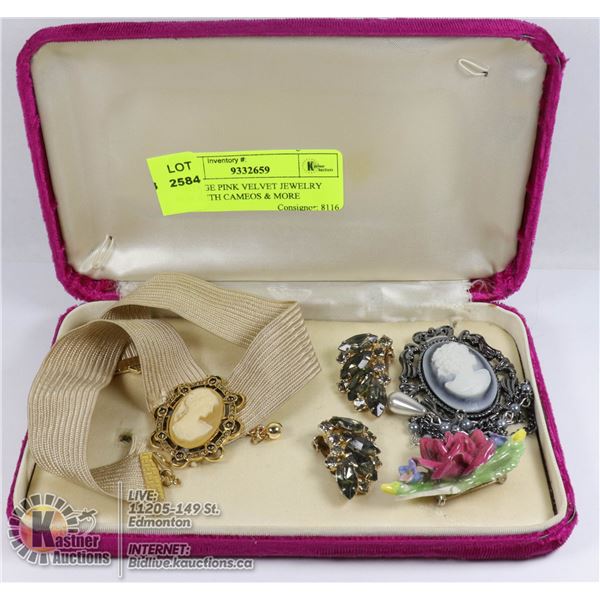 VINTAGE PINK VELVET JEWELRY BOX WITH CAMEOS & MORE ALL TOGETHER- NONE