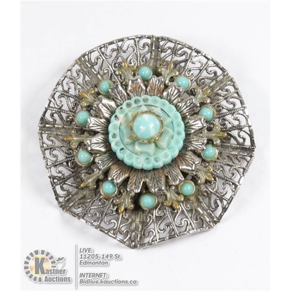 SILVER BOHEMIAN ROUND DOILY BROOCH WITH BLUE STONES 13.25 EMERALD CUT LIGHT BLUE TOPAZ