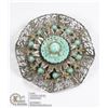 Image 1 : SILVER BOHEMIAN ROUND DOILY BROOCH WITH BLUE STONES 13.25 EMERALD CUT LIGHT BLUE TOPAZ