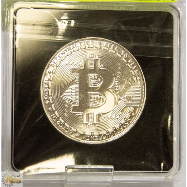 SILVER PLATED BITCOIN IN PROTECTIVE CASE 40MM NOVELTY COIN FOR CRYPTO CURRENCY ENTHUSIASTS